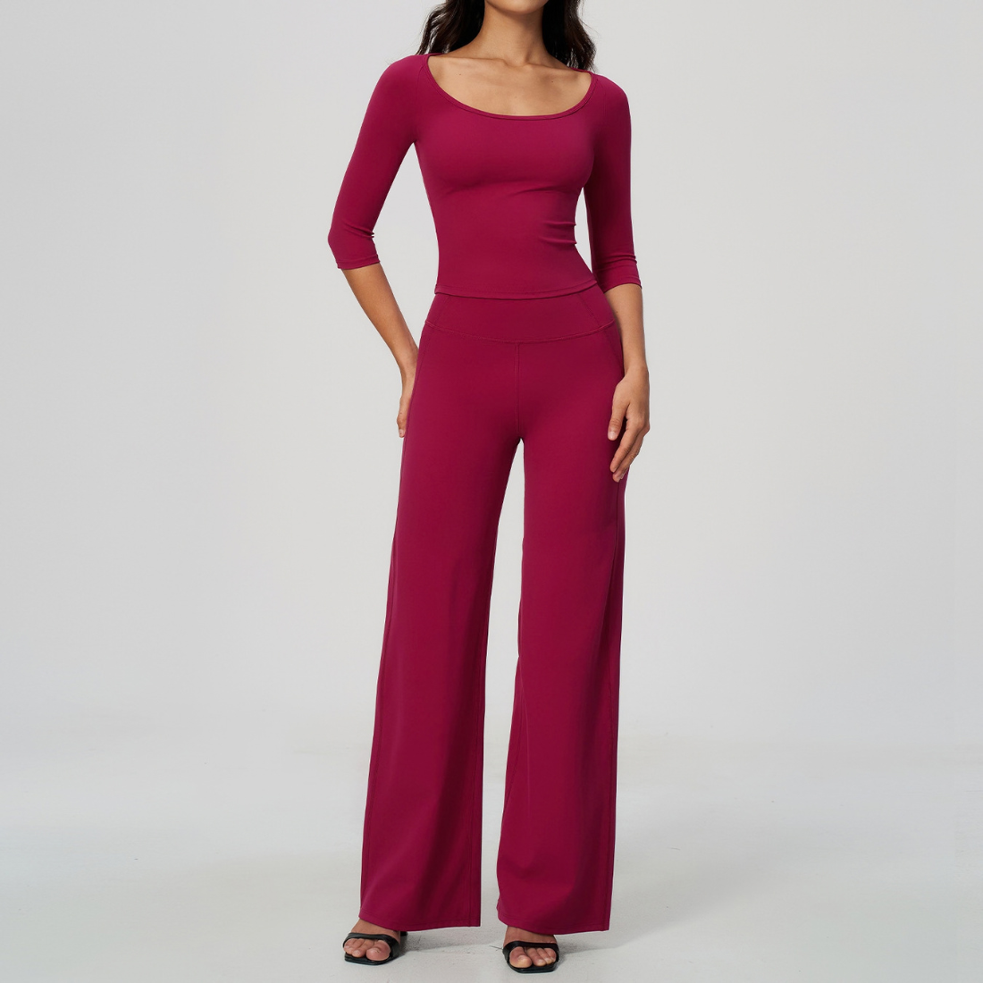 Wholesale Women's Round neck mid sleeve top+Hip lift Wide-Leg Yoga Set