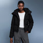 Detachable-hood relaxed-fit down jacket