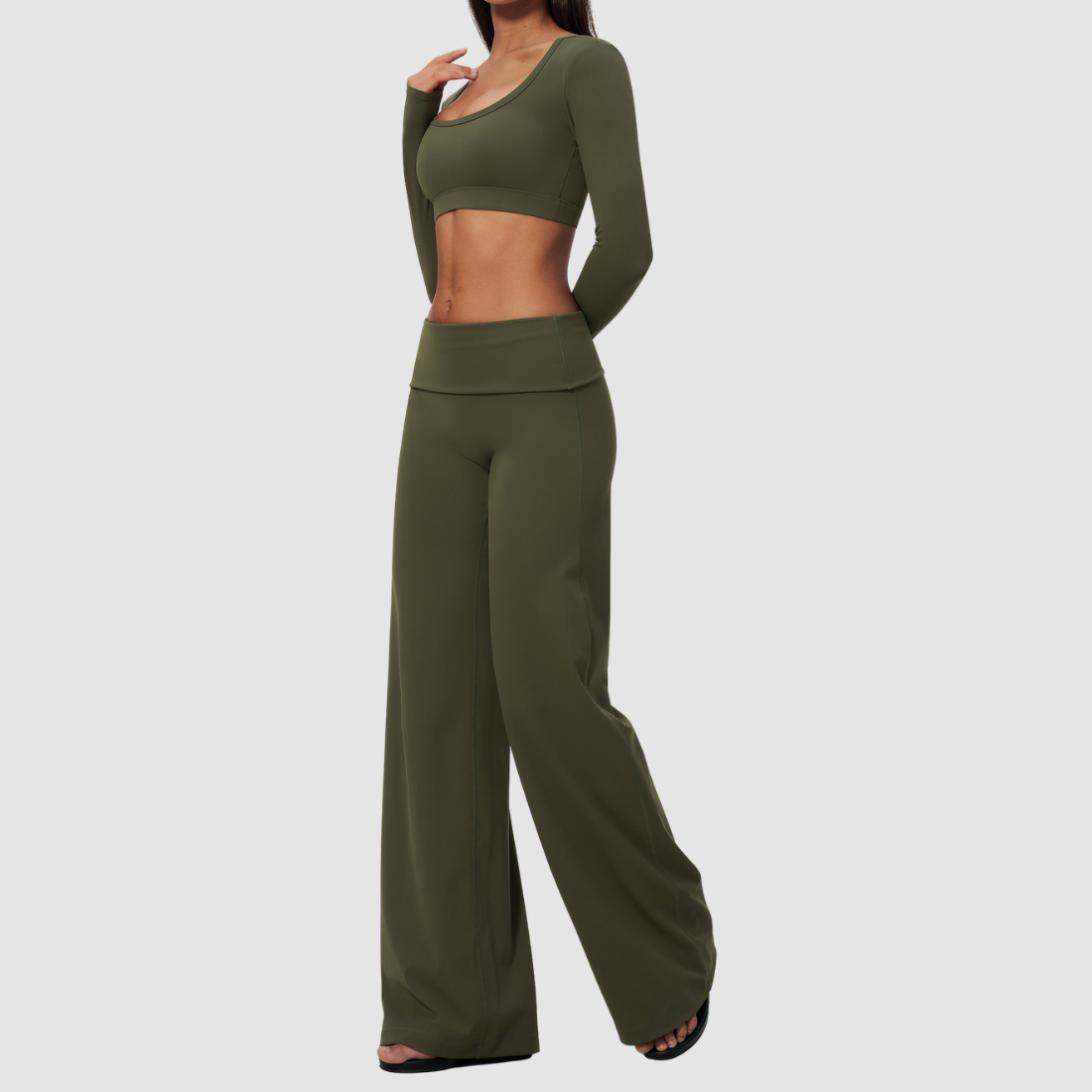 Wholesale Women's Brushed Yoga Set: Long-Sleeve Crop Top & Foldover Wide-Leg Pants