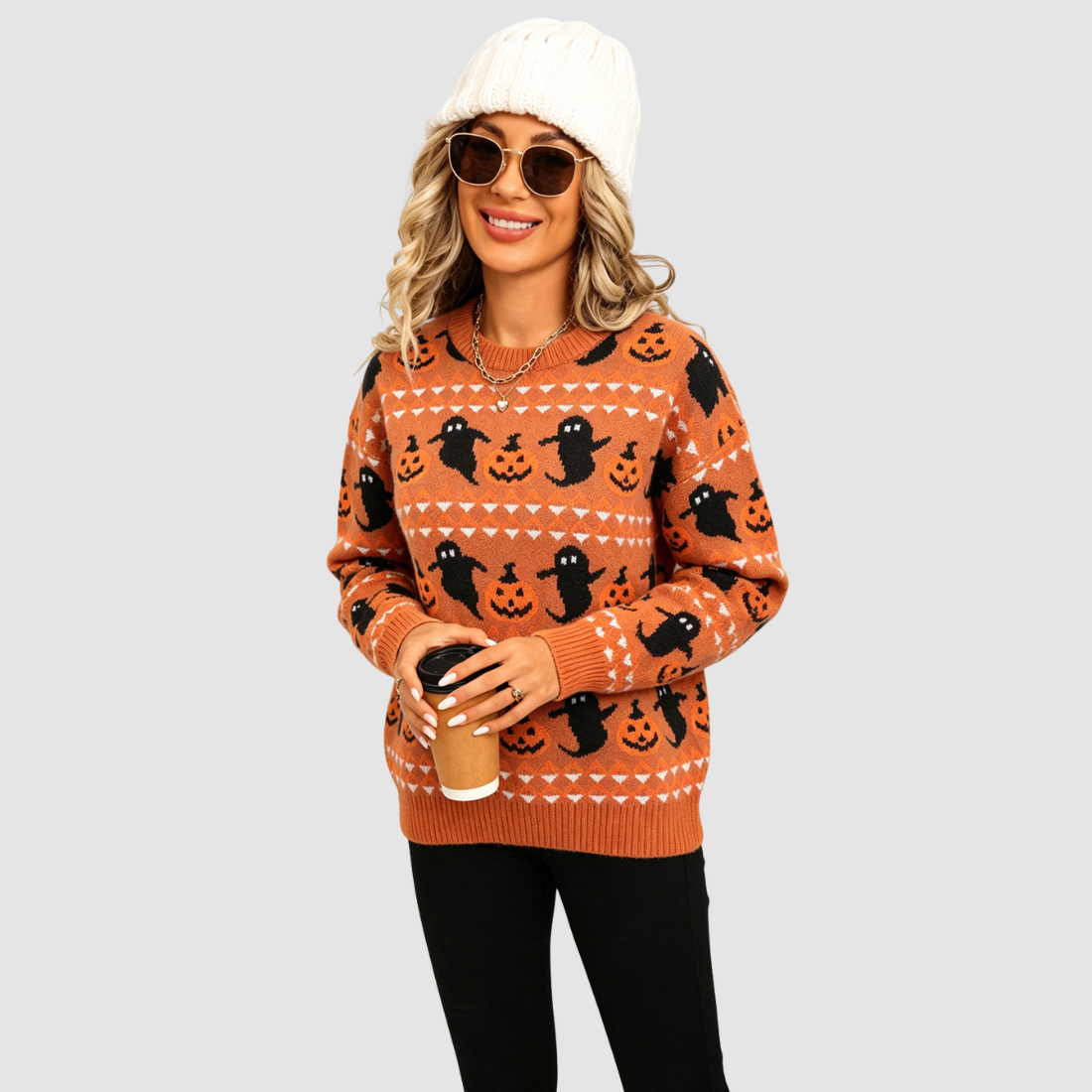 Wholesale Women's Halloween Witch Ghost & Pumpkin Knit Sweater – Loose Round-Neck Pullover