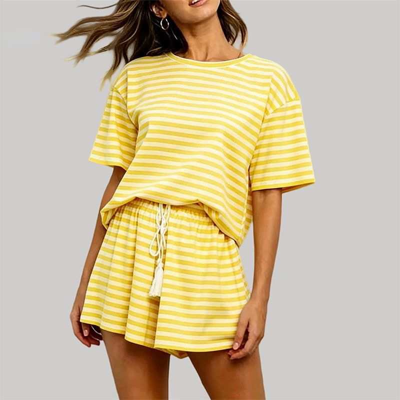 Wholesale Women's Striped Short Sleeve Shorts Set – Lightweight Casual Two-Piece