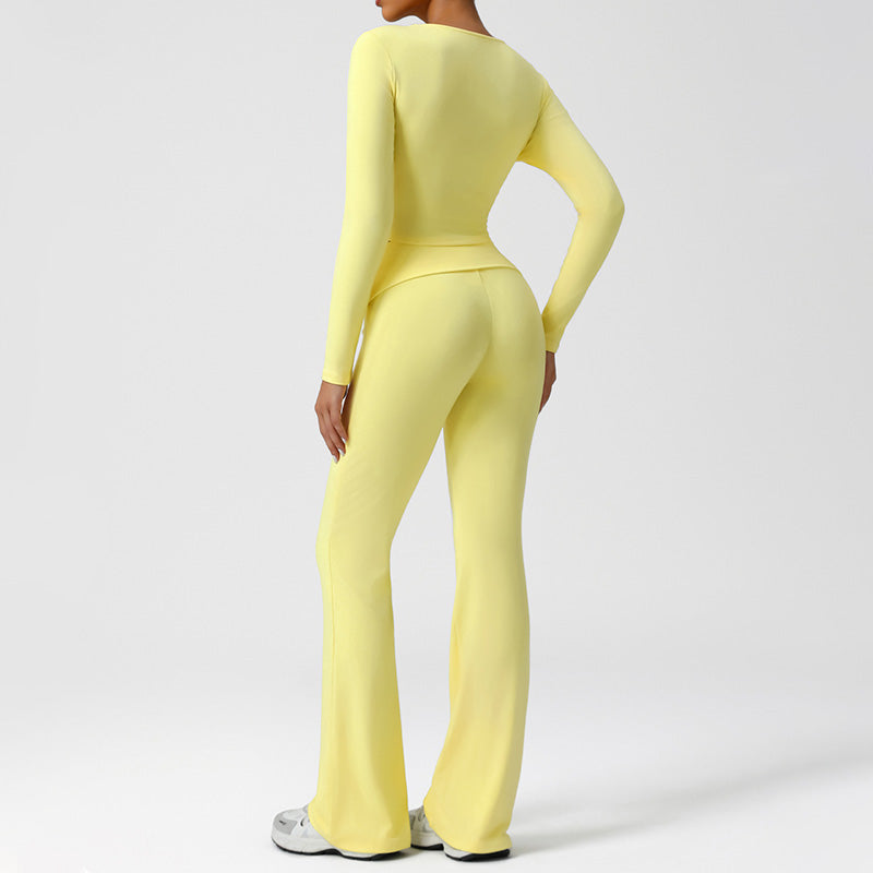 Snug-Fit Cropped Long Sleeve + Flared Leg Pants 2-Piece Set