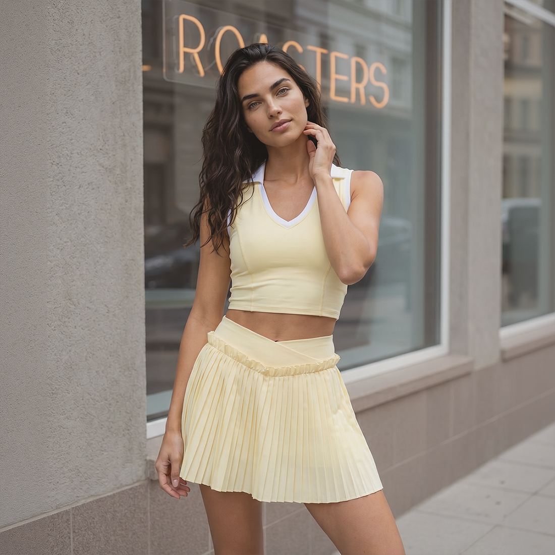 Wholesale Women's Halter Neck Sports Bra & Pleated Mini Skirt Set with Chest Pad