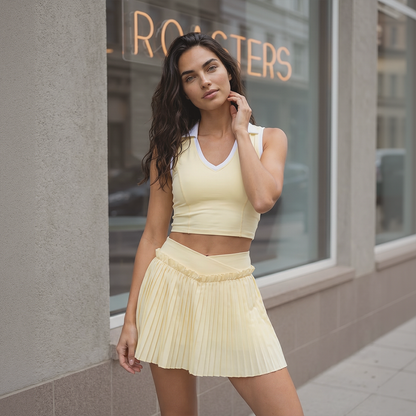 Wholesale Women's Halter Neck Sports Bra & Pleated Mini Skirt Set with Chest Pad