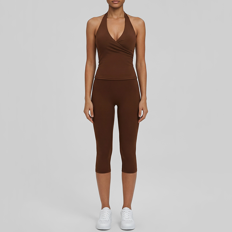 Wholesale V-neck halter top + high-waisted cropped pants set