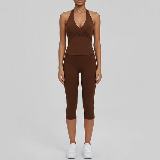 Wholesale V-neck halter top + high-waisted cropped pants set