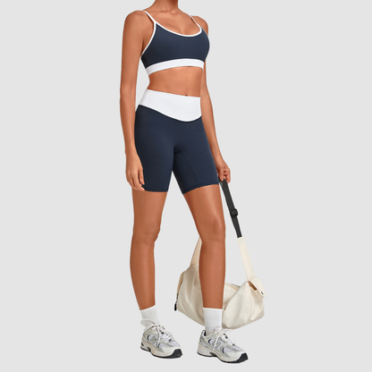 Wholesale Women’s Contrast Strap Sports Bra & High-Waist Biker Shorts Yoga Set