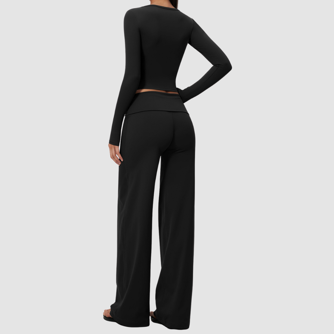 Wholesale Women's Brushed Yoga Set: Long-Sleeve Crop Top & Wide-Leg Pants