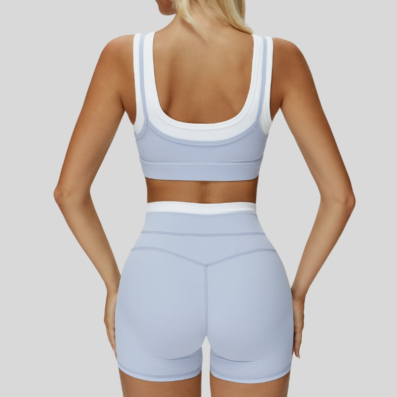 Contrast color sports bra + sports shorts 2-piece set