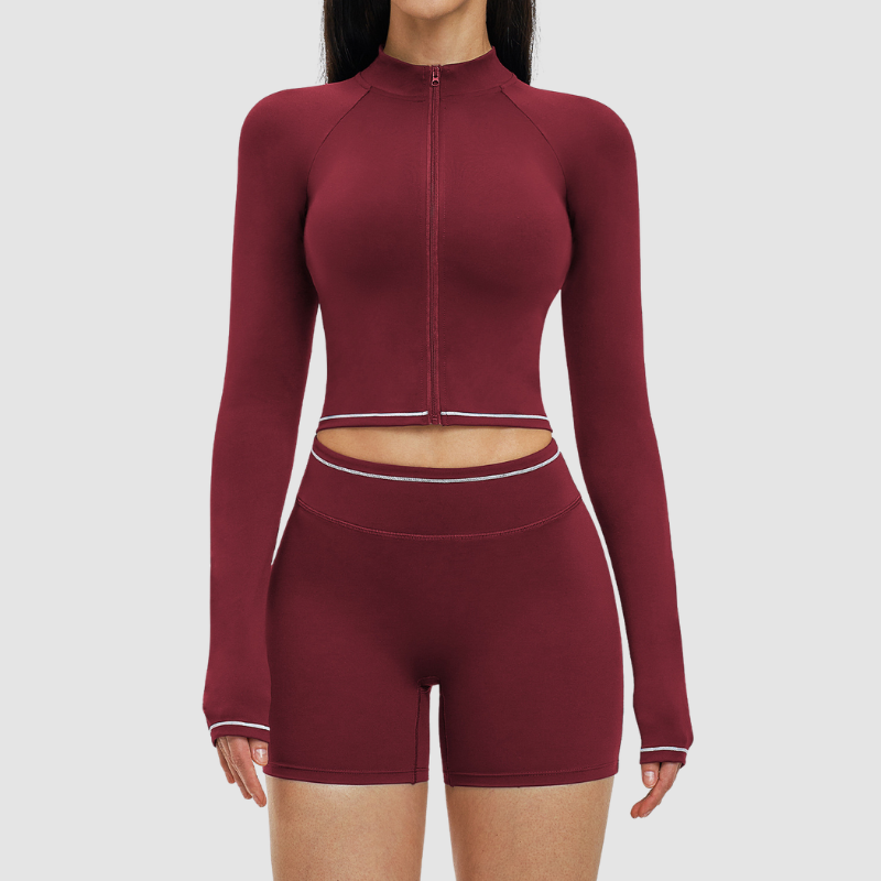 Wholesale color-blocked stand-collar zippered jacket + high-waisted tight shorts