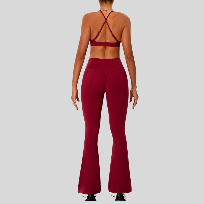 Strap sports bra+High-waisted flared pants 2-piece set