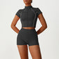 Stand-Collar Cropped Jacket + High-Waisted Butt-Lifting Shorts 2-Piece Set