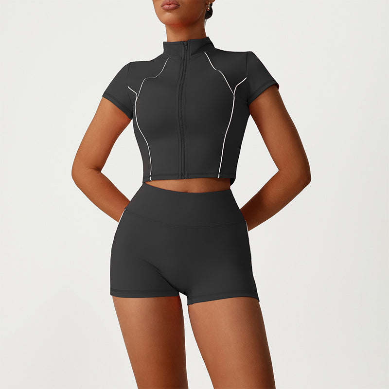 Stand-Collar Cropped Jacket + High-Waisted Butt-Lifting Shorts 2-Piece Set