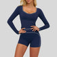 Color-blocked long-sleeved sports top+High waisted shorts 2-piece set