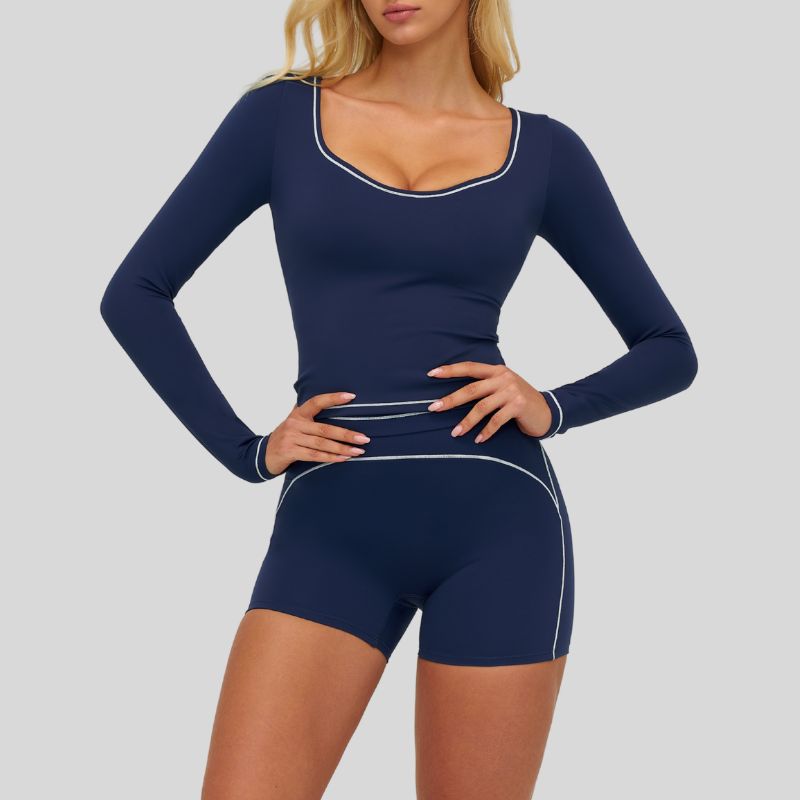 Color-blocked long-sleeved sports top+High waisted shorts 2-piece set
