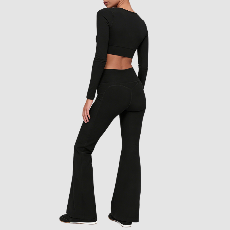 Wholesale Women's Cationic Long Sleeve Top & Wide-Leg Pants Set – Draped Yoga Set
