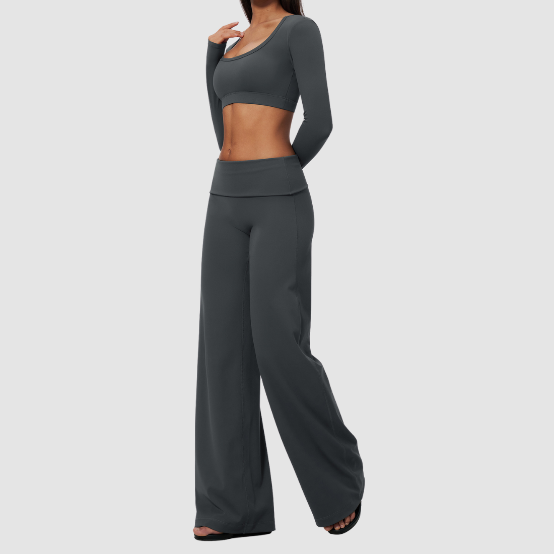 Wholesale Women's Brushed Yoga Set: Long-Sleeve Crop Top & Foldover Wide-Leg Pants