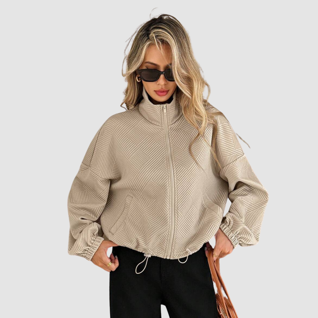 Wholesale Women's Stand-Collar Zip Jacket – Loose Drawstring Pocket Outerwear