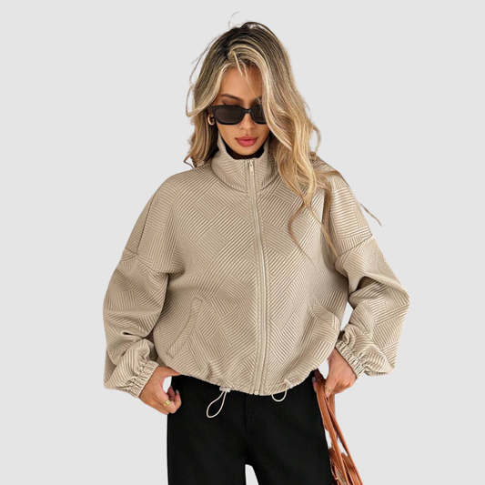 Wholesale Women's Stand-Collar Zip Jacket – Loose Drawstring Pocket Outerwear