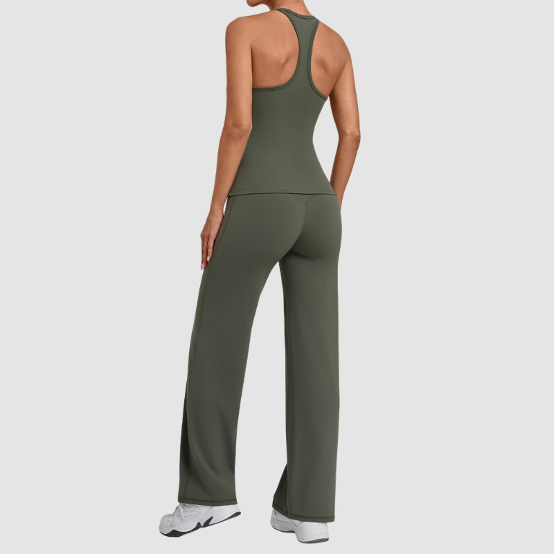 Wholesale Women's Racerback Yoga Set – Double-Layer Chest Pad Cross Waist Flare Pants