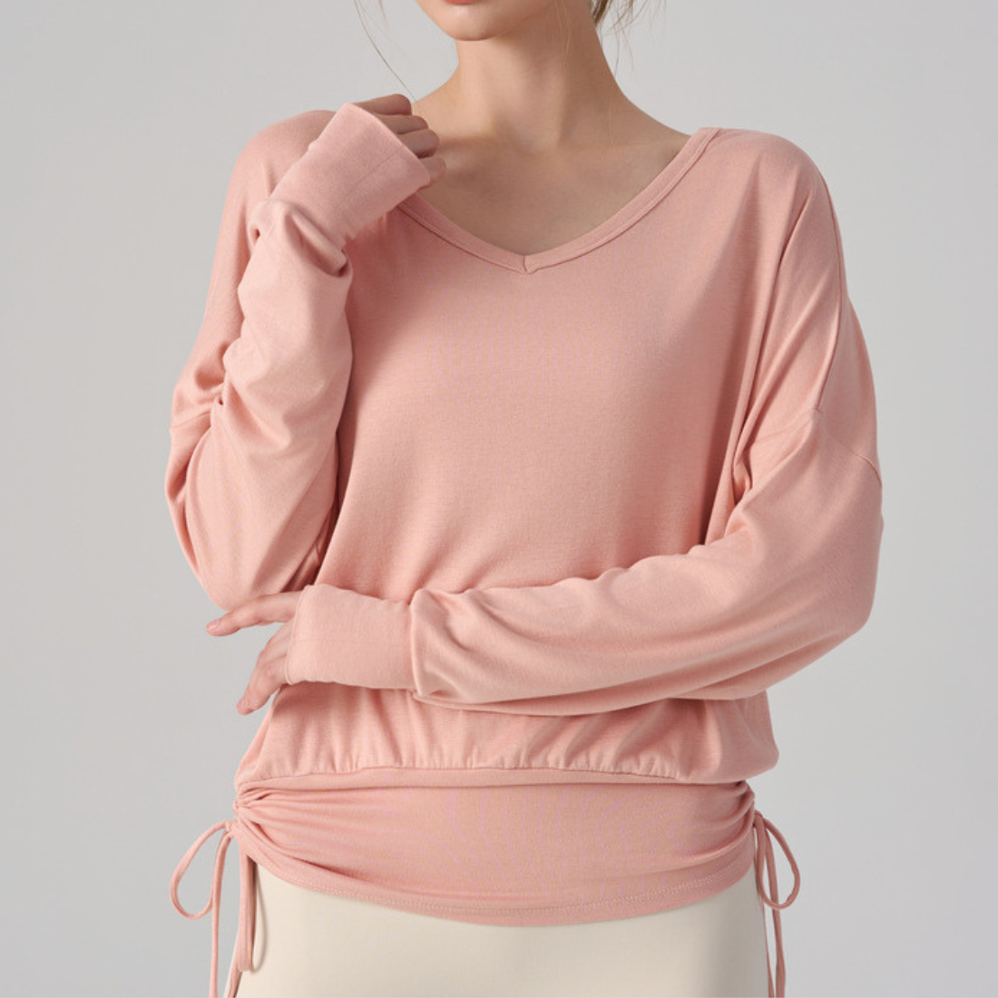 Wholesale V-Neck Batwing Sleeve Yoga Cover-up – Loose Drawstring T-Shirt
