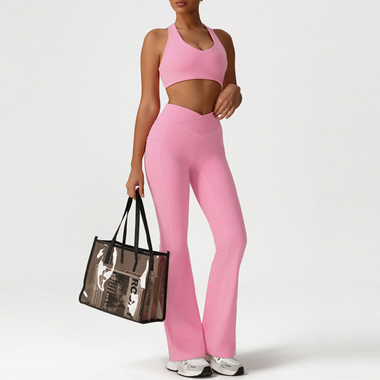 Cross-Back Sports Bra + Flared Leg Pants 2-Piece Set