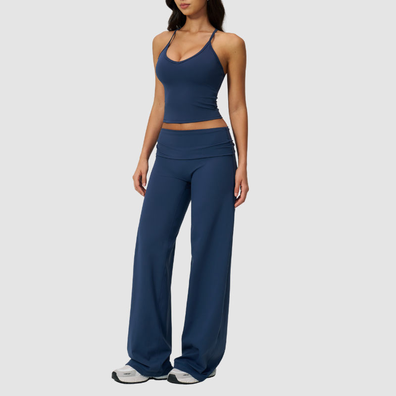 Wholesale Breathable Tank Top& Fold-up High Waist Flare Leggings Set