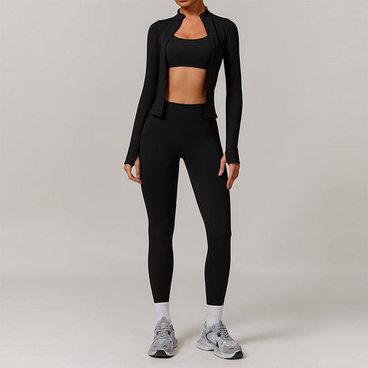 Seamless yoga bra + Full Zipper jackets + high waist leggings 3-piece set