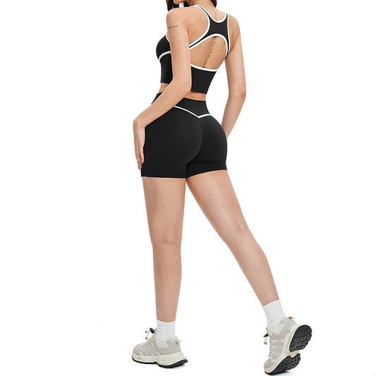 Women's contrasting color backless tank top + high-waisted shorts 2-piece set
