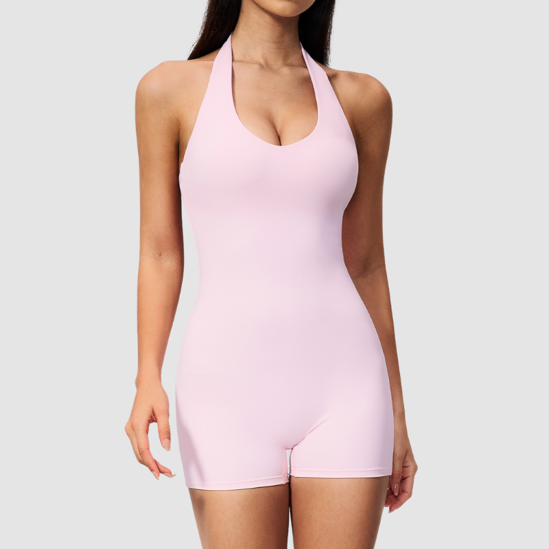Wholesale Women's Halter-Neck V-Back One-Piece Yoga Bodysuit with Built-in Shorts