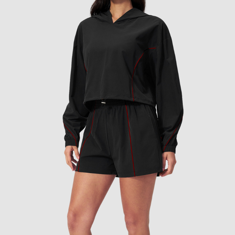 Wholesale Women's UPF50+ Sun Protection Hoodie Jacket + Shorts Set – Colorblock Outdoor Running Sportswear
