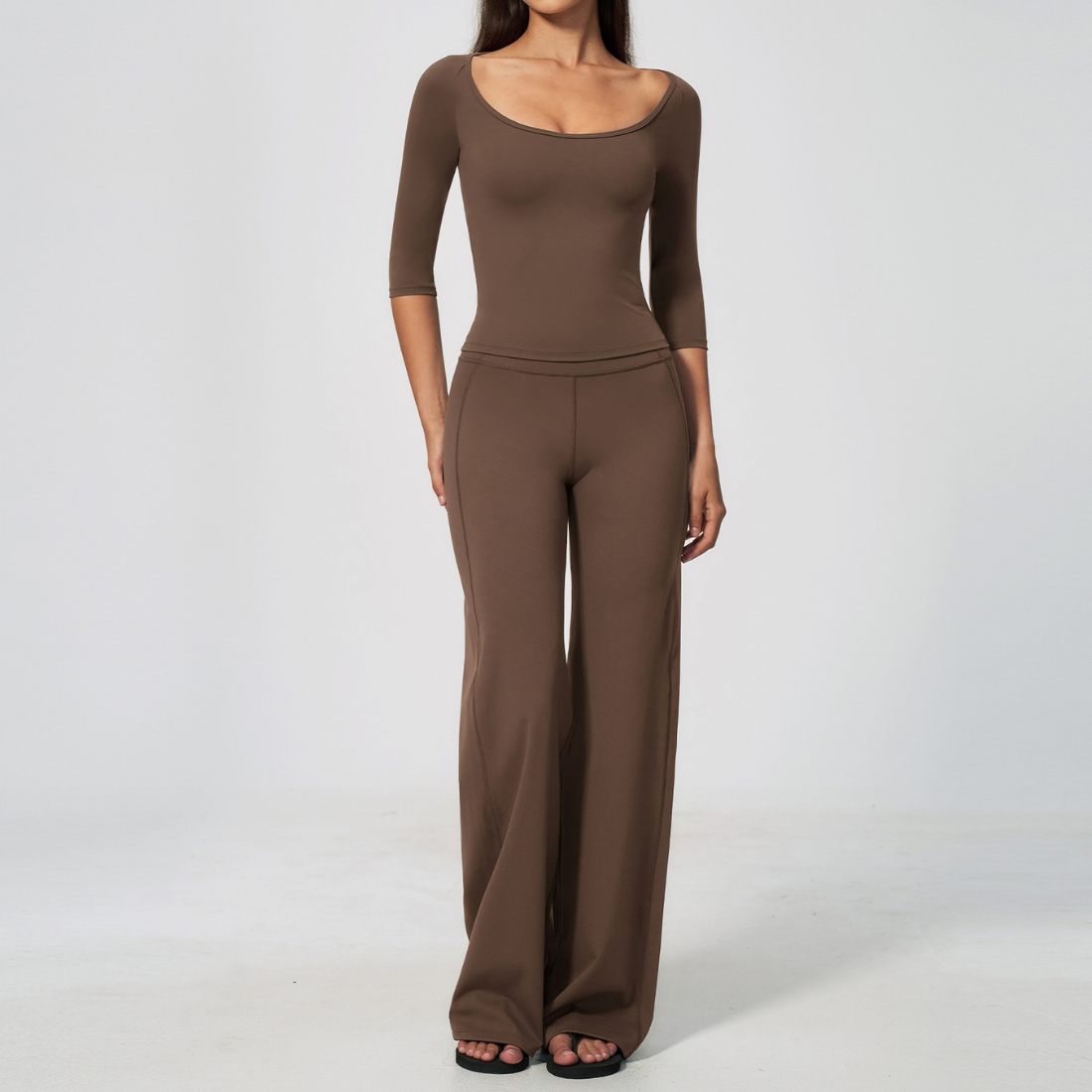 Wholesale Women's Round neck mid sleeve top+Hip lift Wide-Leg Yoga Set