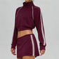 Contrasting stand-up collar coat + contrasting A-line skirt 2 piece set