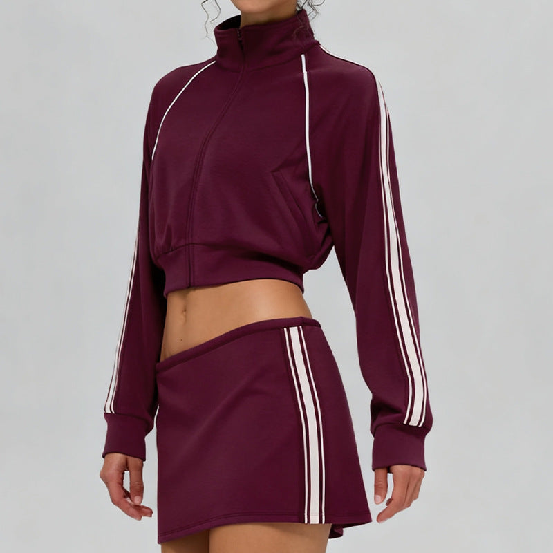 Contrasting stand-up collar coat + contrasting A-line skirt 2 piece set