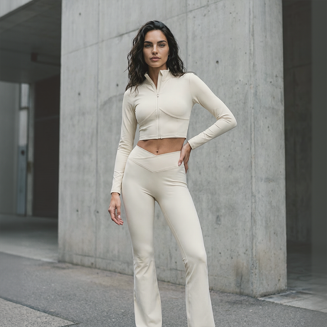 Wholesale Women's Zip-Up Long Sleeve Crop Top & High Waist Leggings Set