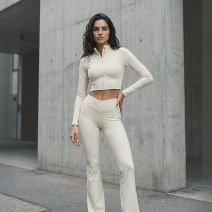 Wholesale Women's Zip-Up Long Sleeve Crop Top & High Waist Leggings Set