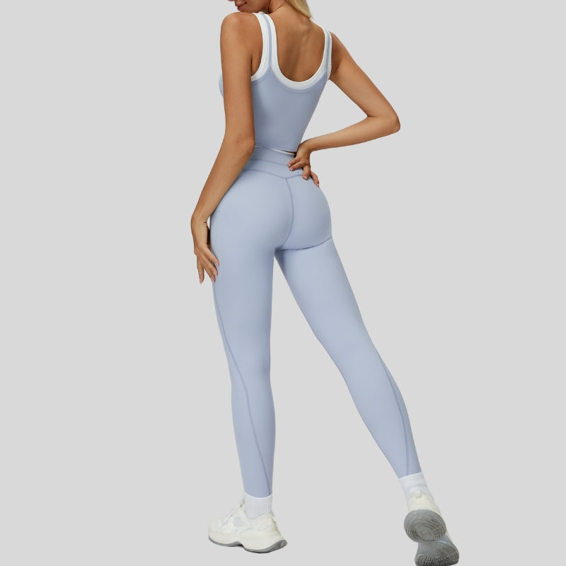 Two-piece contrasting sports tank top+sports leggings 2-piece set