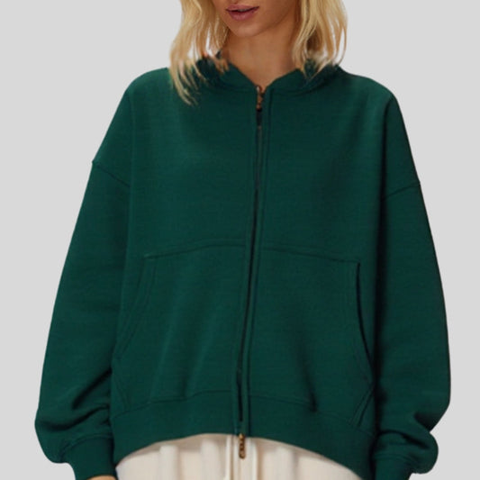 Oversize Cropped Zip Hoodie with Fleece Lining