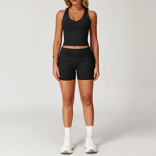 Nude Racerback yoga bra + High-waisted shorts 2-piece set
