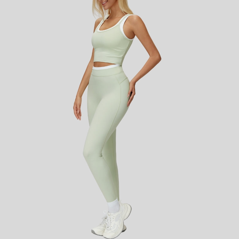 Two-piece contrasting sports tank top+sports leggings 2-piece set