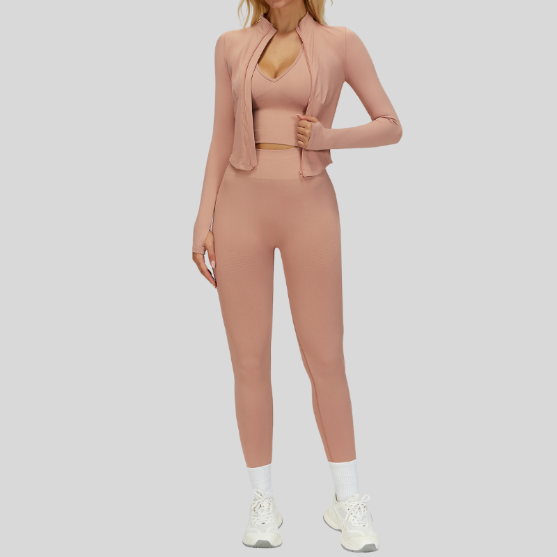 Nahtloser Yoga BH + Legging + Langschläfe Full Reißverpackungsjacke 3-teiliges Set