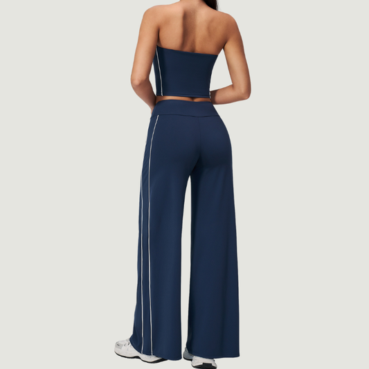 Wholesale Women's Brushed Strapless Tube Top & Wide-Leg Pants Set – Padded Yoga Fitness 2-Piece