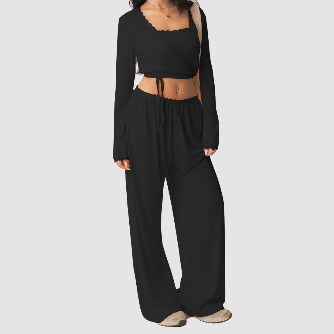 Wholesale Women's 3-Piece Yoga Lounge Set – Padded Cami, Cardigan & Wide-Leg Pants