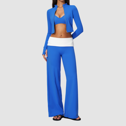 Wholesale Women’s 3-Piece Zip Jacket, Sports Bra & Wide-Leg Yoga Pants Set