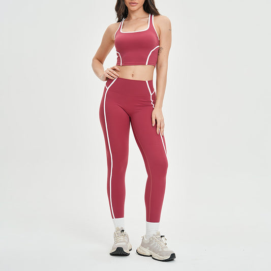 Women's contrasting color backless tank top + high-waisted leggings 2-piece set