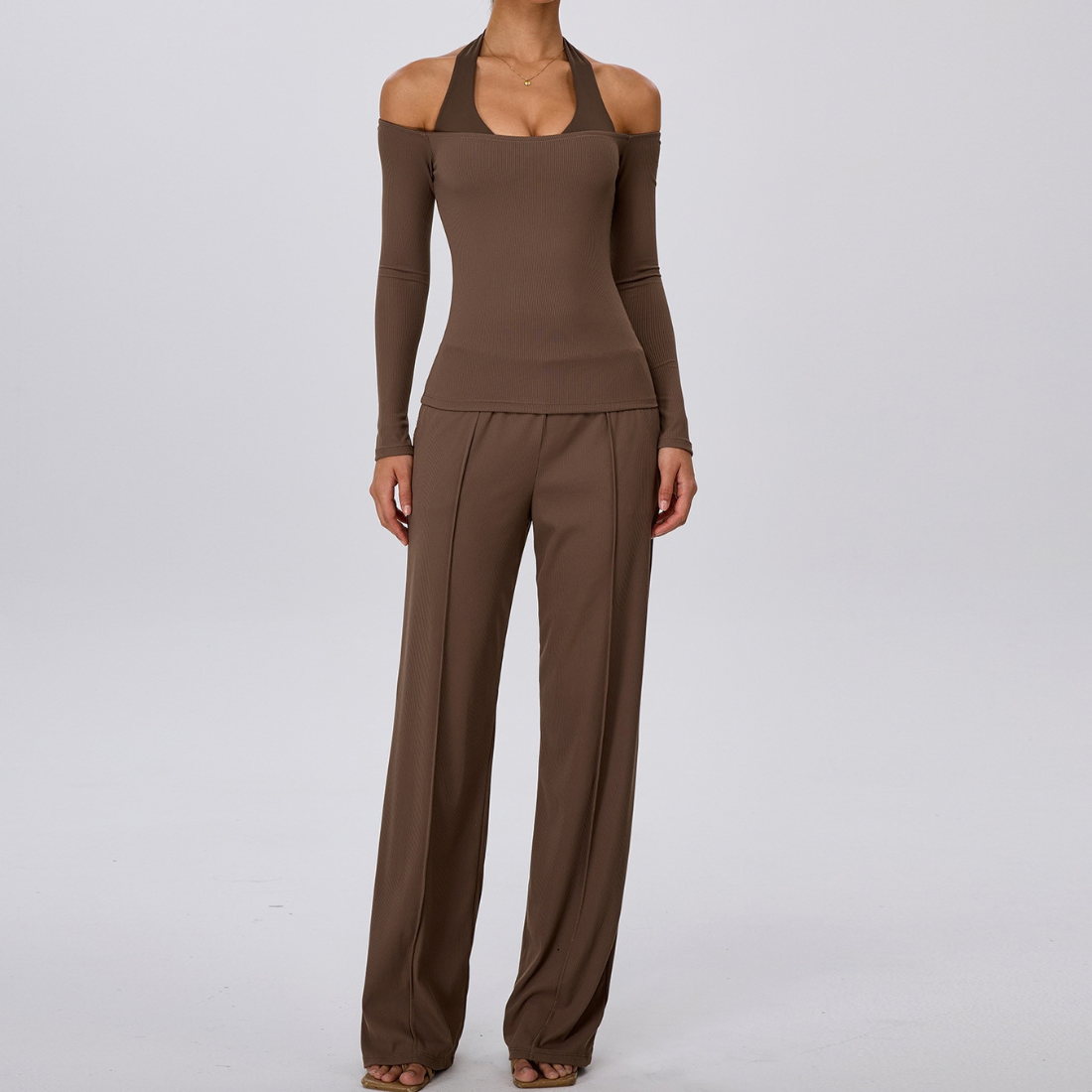 Wholesale Women's Padded Sports Bra+Off-Shoulder Long-Sleeve+Wide-Leg Pants Yoga Set