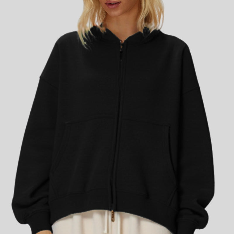 Oversize Cropped Zip Hoodie with Fleece Lining