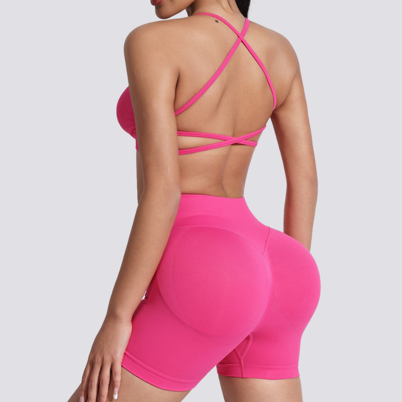 Women's beautiful back strap sports bra + yoga shorts two-piece set