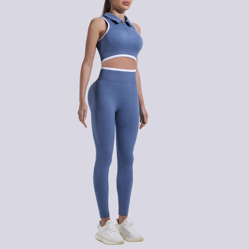 A seamless round neck sleeveless zip bra and sports pants two-piece set