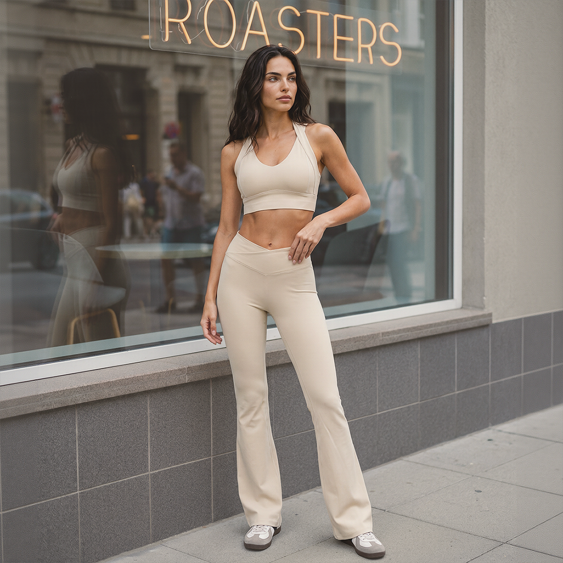 Wholesale Women's Open-Back Long Sleeve Crop Top & High Waist Leggings Set with Chest Pad